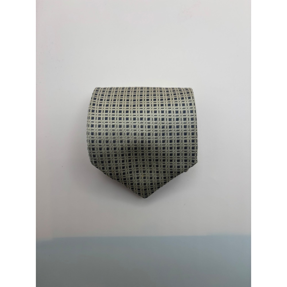 Canali Mens Silk Tie Silver Navy Blue Geometric Grid Made in Italy Luxury Tie
